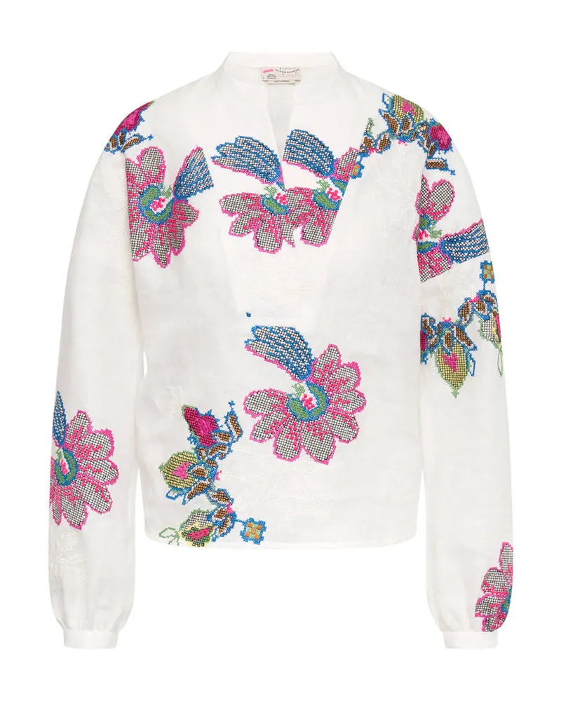 Maison Common Damen Leinenbluse mit Stickerei Weiss