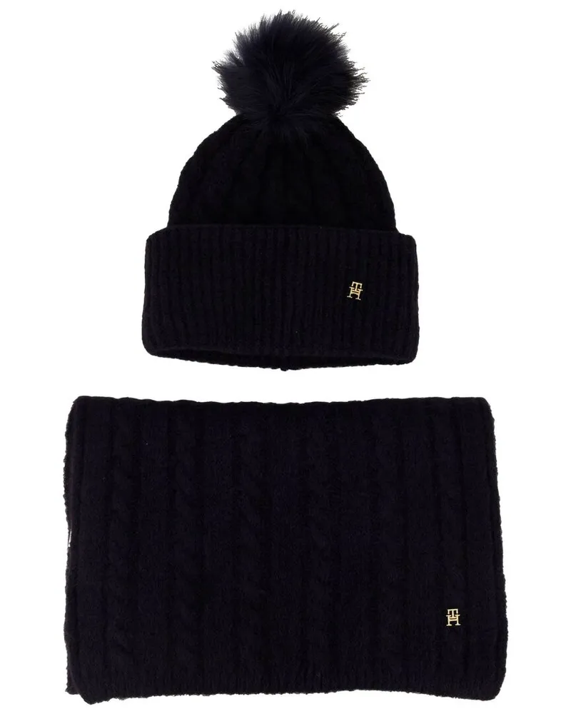 Tommy Hilfiger Damen Strickmütze und Schal mit Alpaka und Wolle TH TIMELESS BEANIE POM&SCARF GP Marine