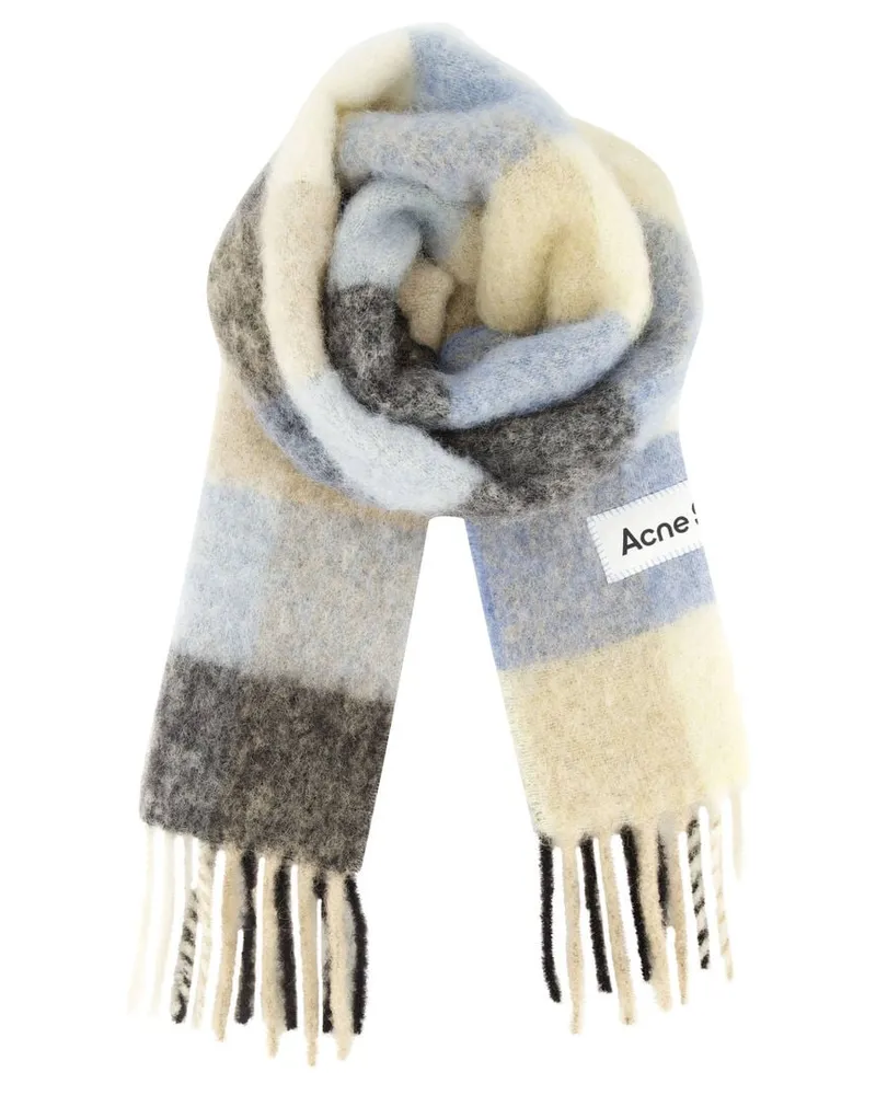 Acne Studios Schal mit Alpaka, Wolle und Mohair BRUSHED CHECKED LOGO Blau