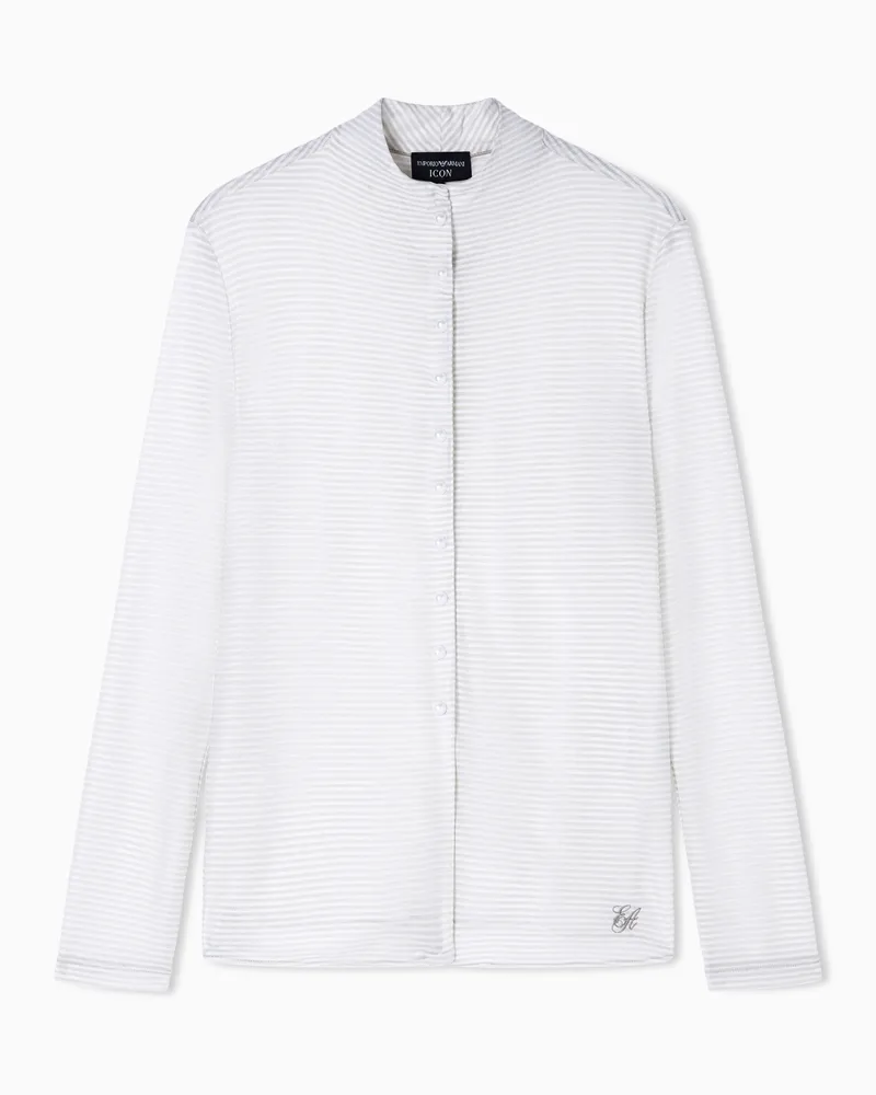 Emporio Armani Icon Bluse aus leichtem, gestreiftem Jersey mit Grandad-Kragen Beige