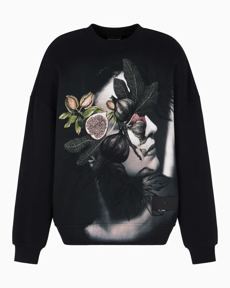 Emporio Armani ASV Sweatshirt aus Twill-Jersey mit einem Print mit Foliage-Muster und einem Damen-Motiv Schwarz