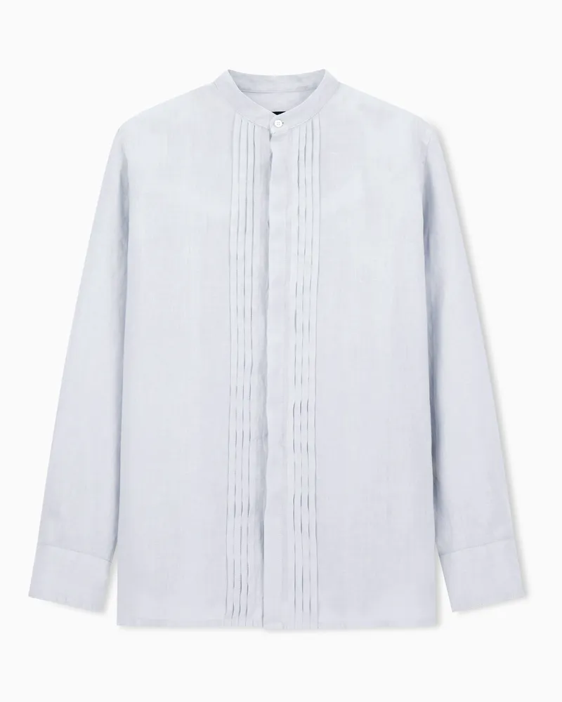 Emporio Armani Hemd mit Grandad-Kragen aus stückgefärbtem Leinen und mit plissiertem Detail Grau