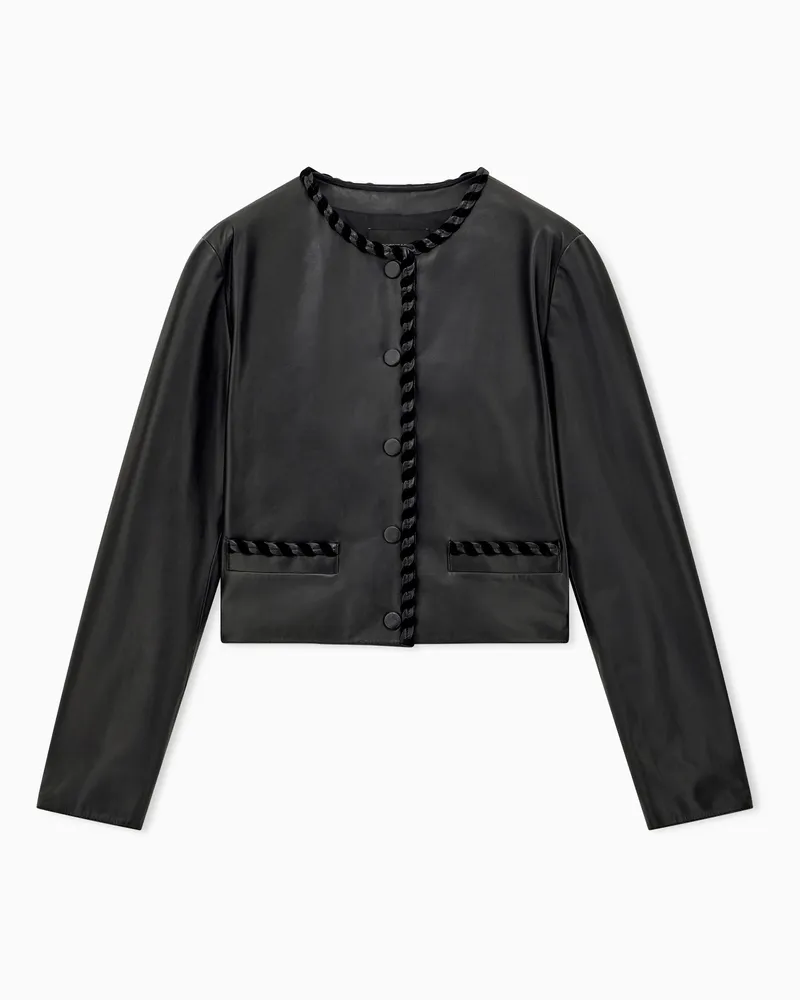 Emporio Armani Lederjacke mit Rundhalsausschnitt und geflochtener Borte Schwarz
