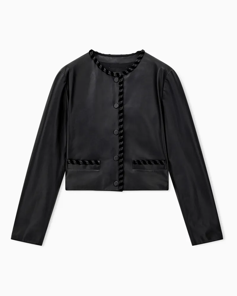 Emporio Armani Lederjacke mit Rundhalsausschnitt und geflochtener Borte Schwarz