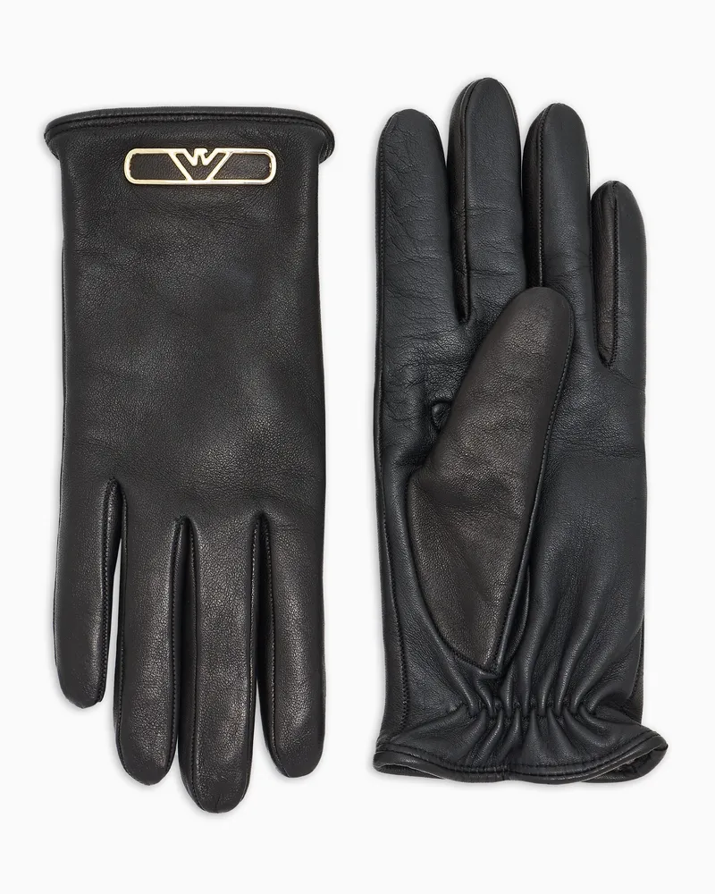 Emporio Armani Touchscreen-Handschuhe aus Leder mit Adler aus Metall Schwarz