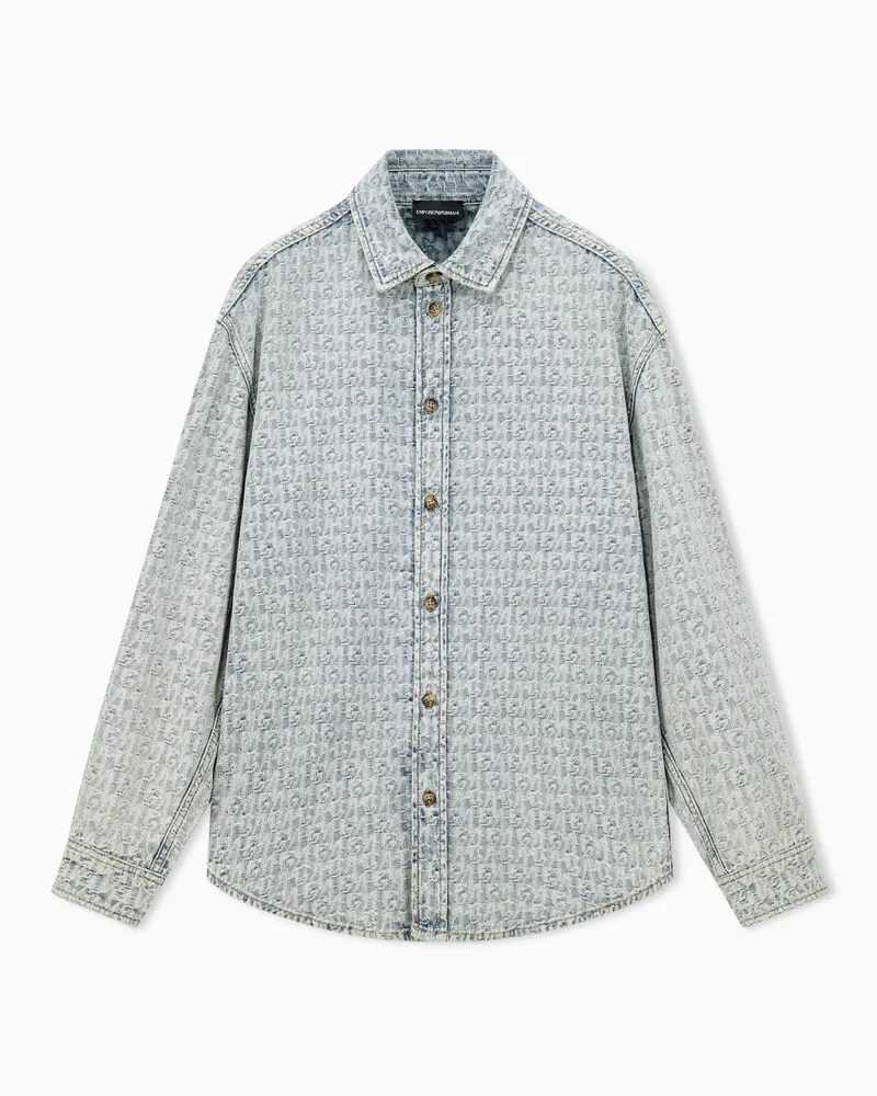Emporio Armani Regular Fit Denim-Hemd aus Baumwolle mit Monogramm-Muster Blau