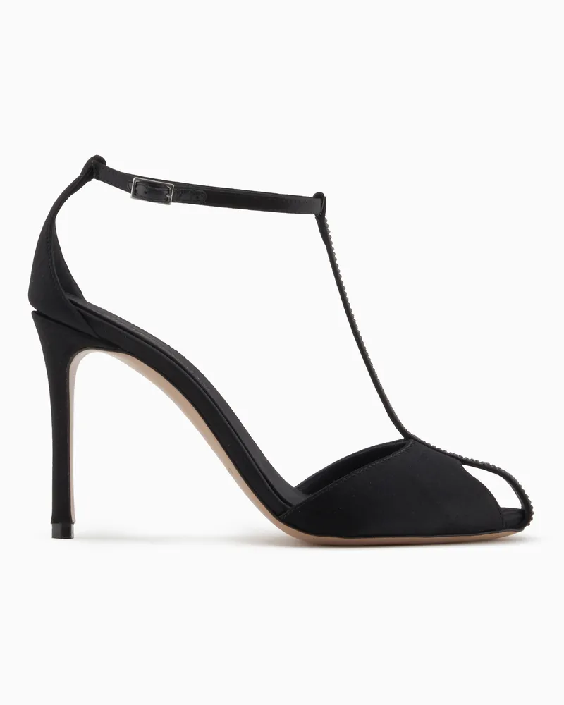 Emporio Armani T-Riemen-Sandalen mit Satinabsatz und Strasssteinen Schwarz