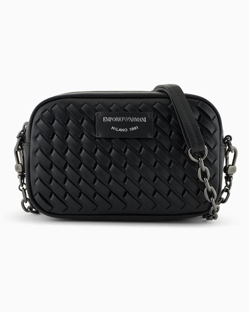 Emporio Armani Minitasche aus geflochtenem Leder mit Kettenschultergurt Schwarz