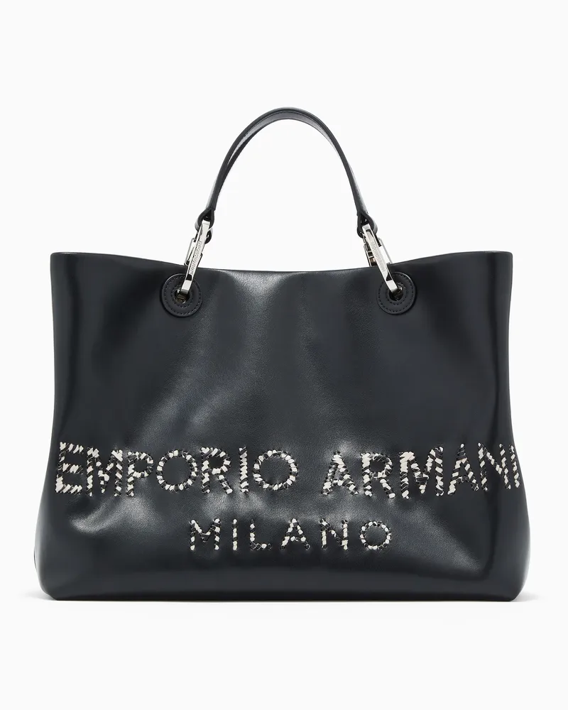 Emporio Armani Mittelgroßer MyEA Shopper aus Nappaleder mit Zebra-Logo Schwarz