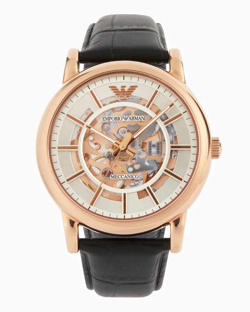 Emporio Armani Herren-Automatikuhr aus schwarzem Leder Mehrfarbig