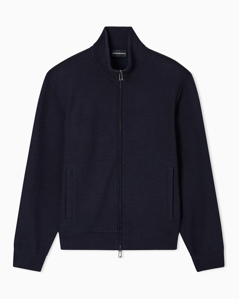 Emporio Armani Sweatshirt mit durchgehendem Reißverschluss aus Interlock-Jersey aus einer Lyocell-Mischung mit Jacquard-Schriftzug Blau