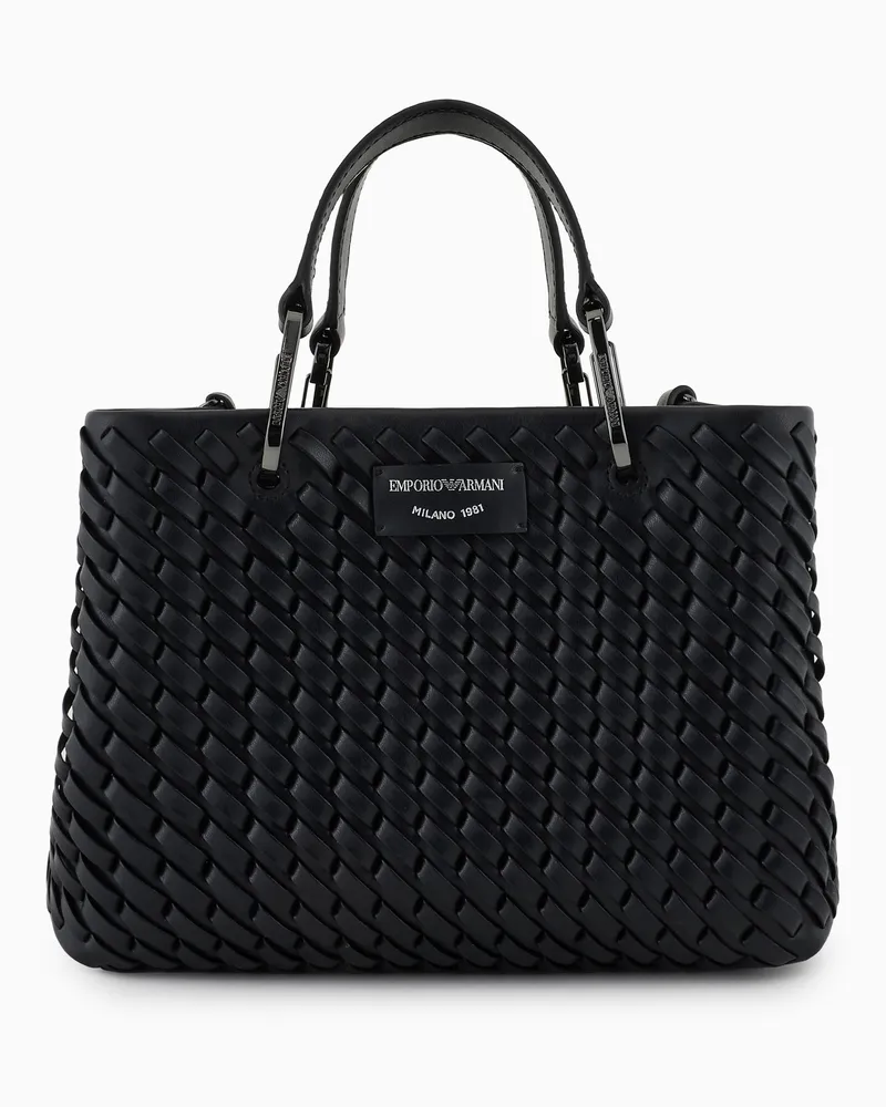 Emporio Armani Kleiner Shopper MyEA aus geflochtenem Leder Schwarz