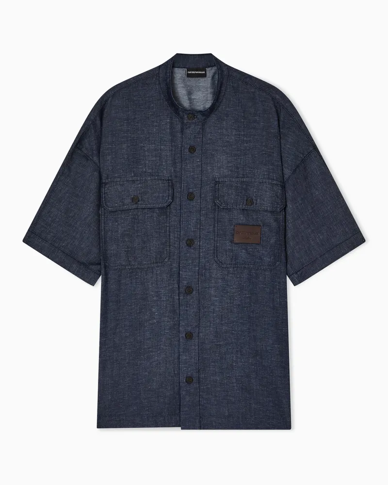 Emporio Armani Comfort Fit Chambray-Hemd aus einer Lyocell-Mischung aus der Denim-Kapselkollektion Blau