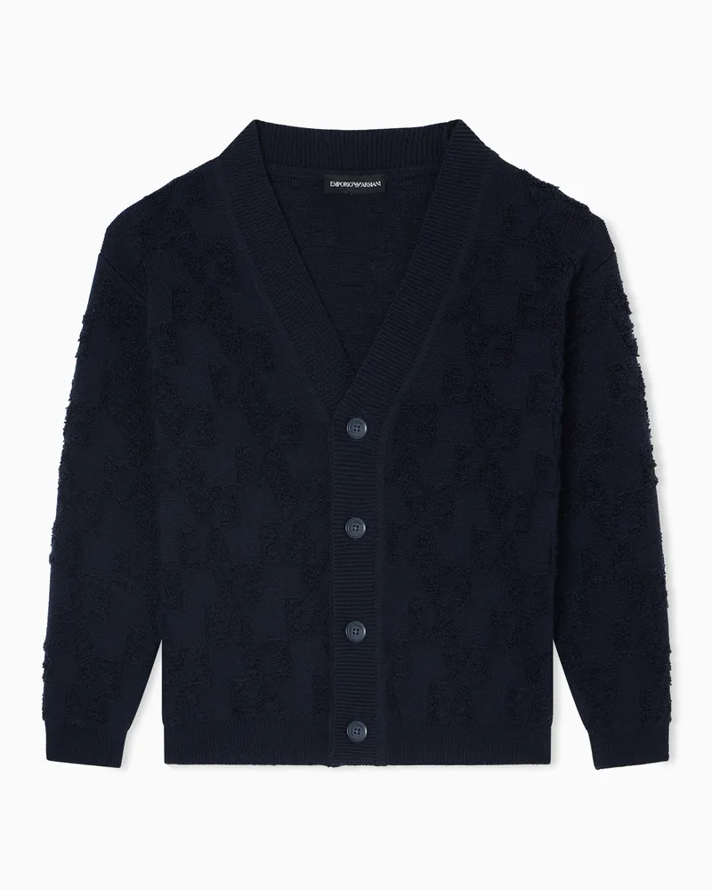 Emporio Armani Cardigan mit V-Ausschnitt, gefertigt aus einer Woll-Mischung mit geprägtem 3D-Logo-Schriftzug Marineblau
