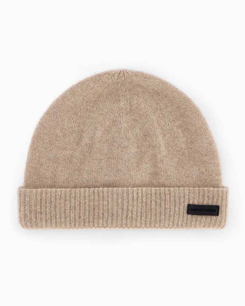 Emporio Armani Kaschmir Mütze mit geripptem Umschlag Essential Beige