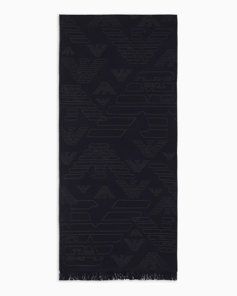 Emporio Armani Schal aus Wolle mit Allover-Jacquard-Adler Blau