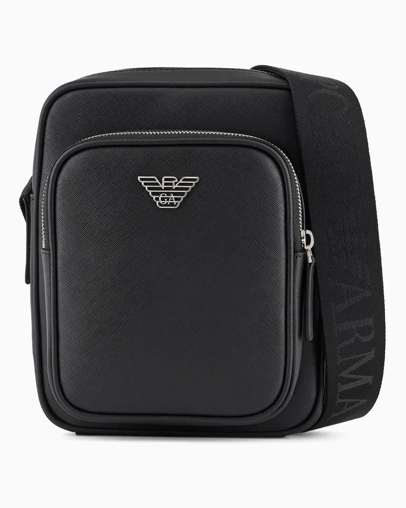 Emporio Armani Umhängetasche aus Saffiano-Leder mit ASV-Adler-Plakette Schwarz