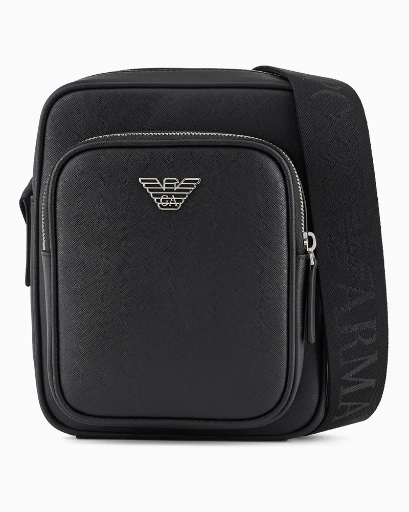 Emporio Armani Umhängetasche aus Saffiano-Leder mit ASV-Adler-Plakette Schwarz