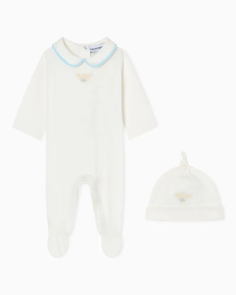 Emporio Armani Set aus Mütze und Jumpsuit, gefertigt aus merzerisiertem Jersey Hellblau