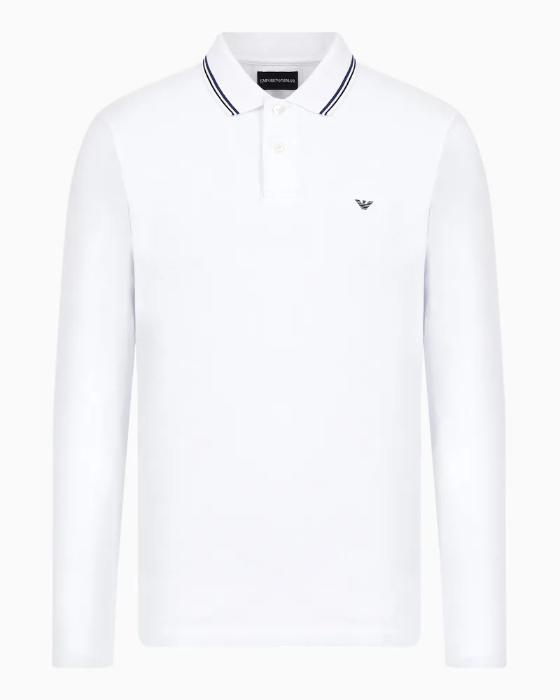 Emporio Armani Poloshirt mit langen Ärmeln aus Pikee-Stretch und aufgesticktem Mikro-Adler Weiß