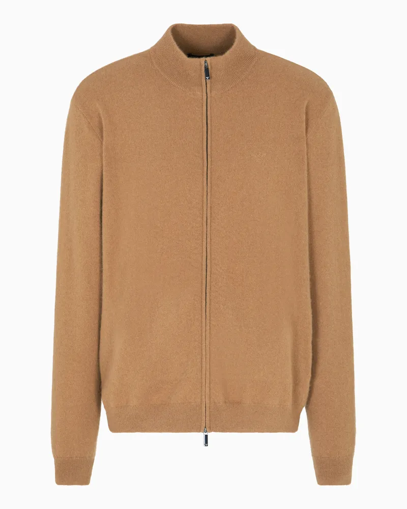 Emporio Armani Icon Cardigan mit durchgehendem Reißverschluss, gefertigt aus reinem Kaschmir Kamel