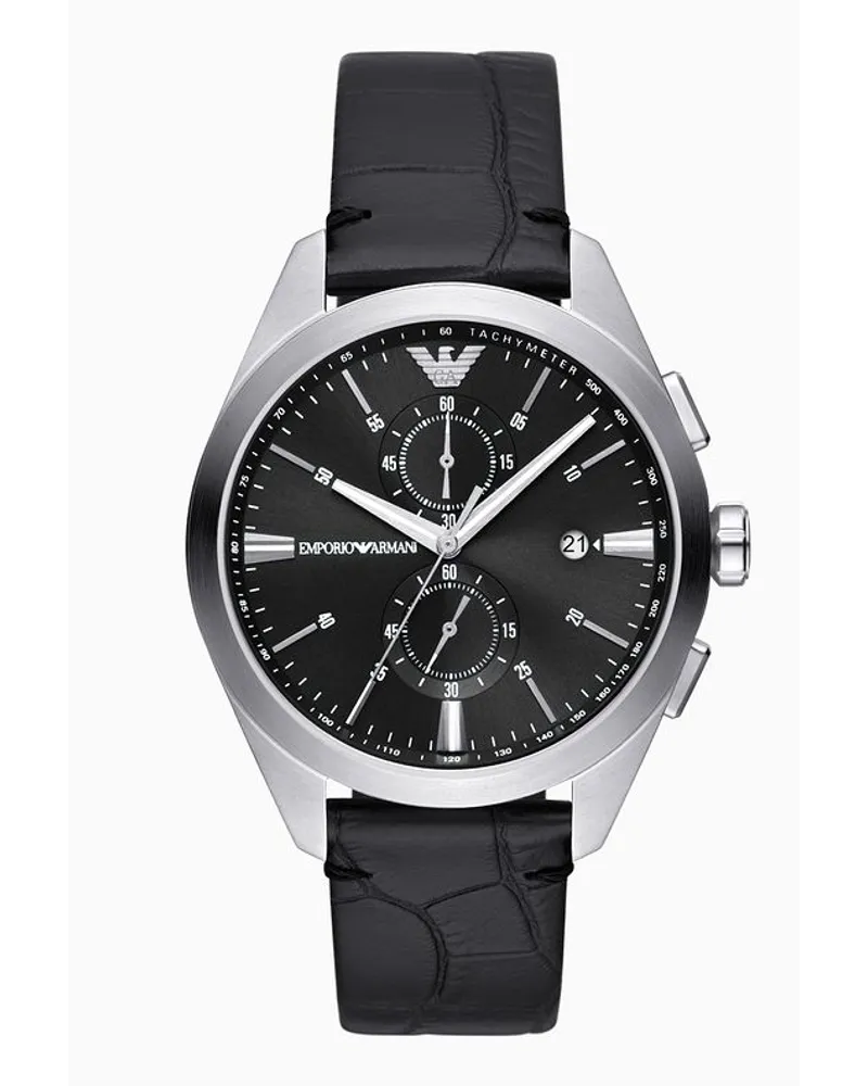 Emporio Armani Chronograph aus Schwarzem Leder Gemustert