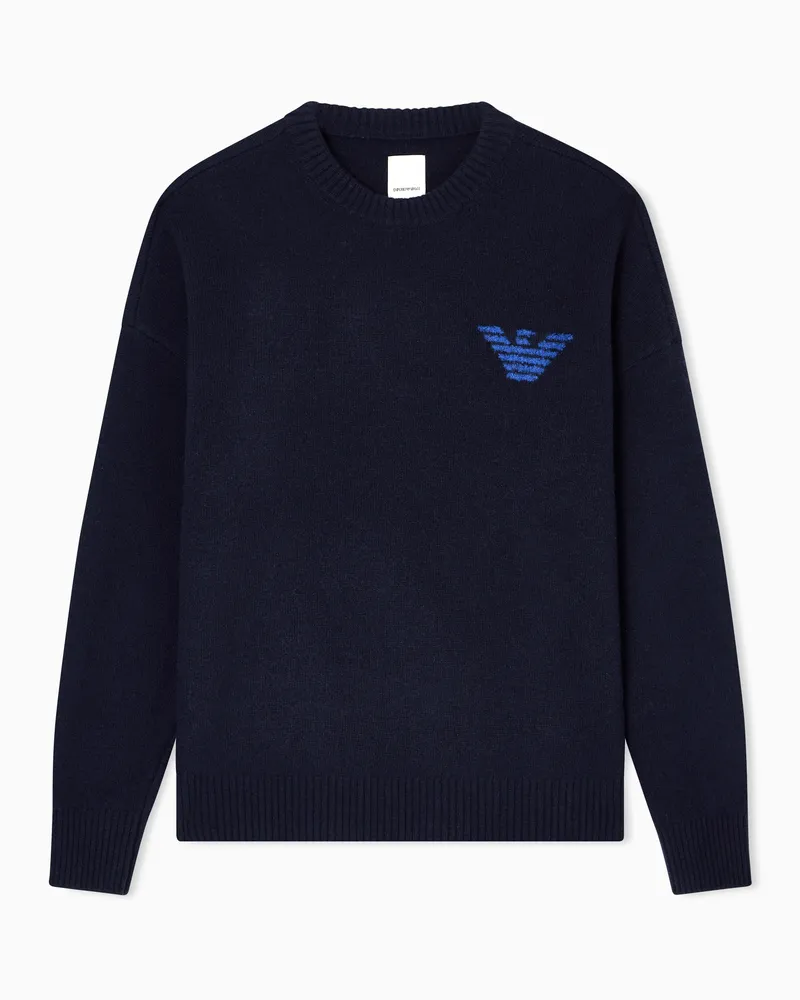 Emporio Armani Jacquard-Stoff-Pullover aus der New York Sonderkollektion, gefertigt aus Schurwolle Blau