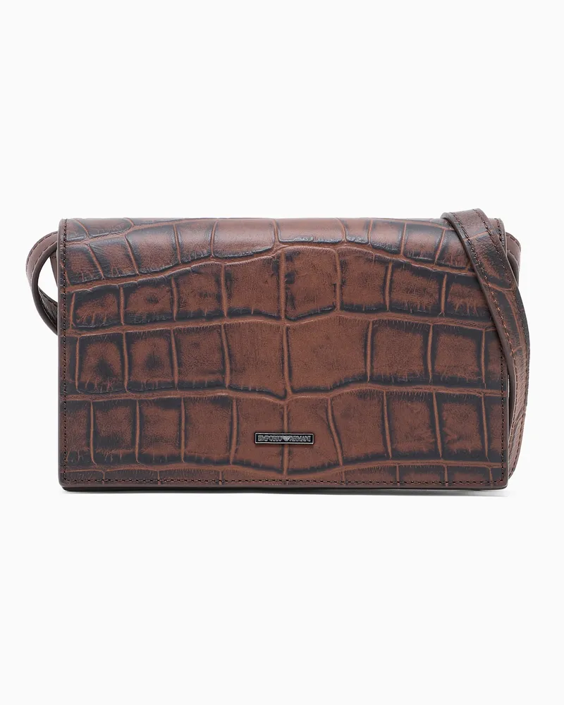 Emporio Armani Tech-Case mit Schultergurt, gefertigt aus Leder mit Kroko-Print Braun