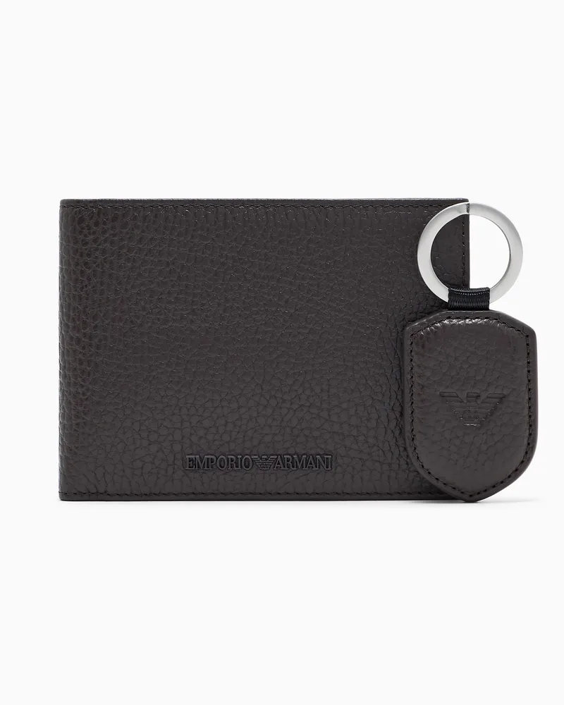 Emporio Armani Geschenkset aus Portemonnaie und Schlüsselanhänger aus getrommeltem Leder Braun