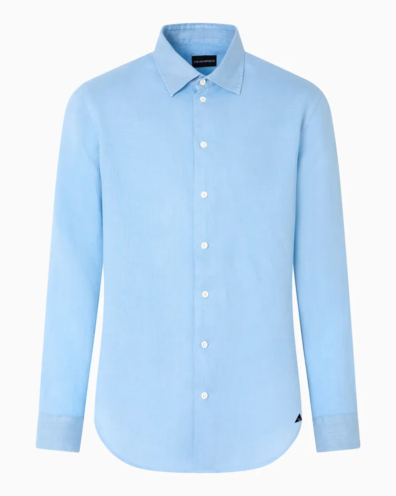 Emporio Armani Hemd mit französischem Kragen aus stückgefärbtem Leinen Blau