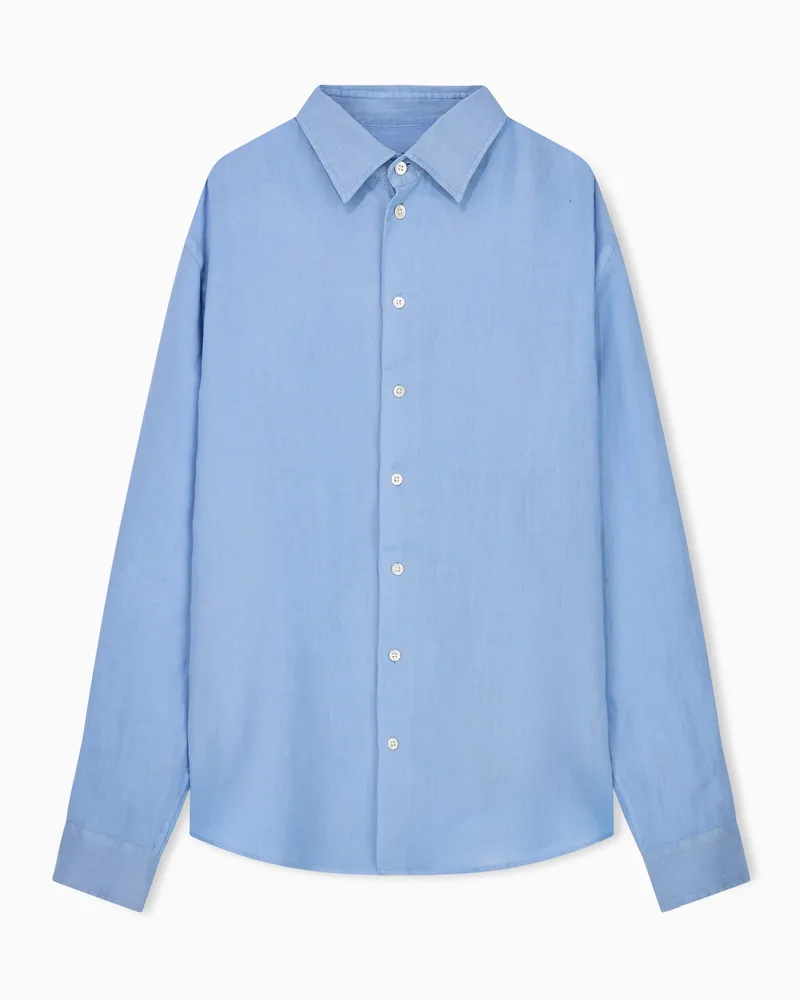 Emporio Armani Hemd mit französischem Kragen aus stückgefärbtem Leinen Blau