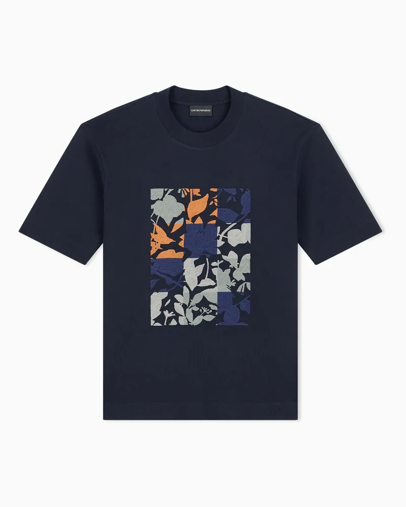 Emporio Armani Regular Fit T-Shirt aus Baumwolljersey mit Blumenmuster Marineblau