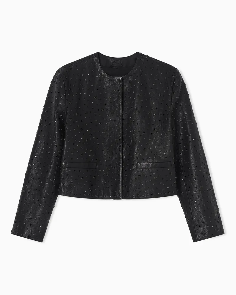 Emporio Armani Boxy-Jacke aus pflanzlichem Lammnappaleder mit durchgehender Kristallverzierung Schwarz