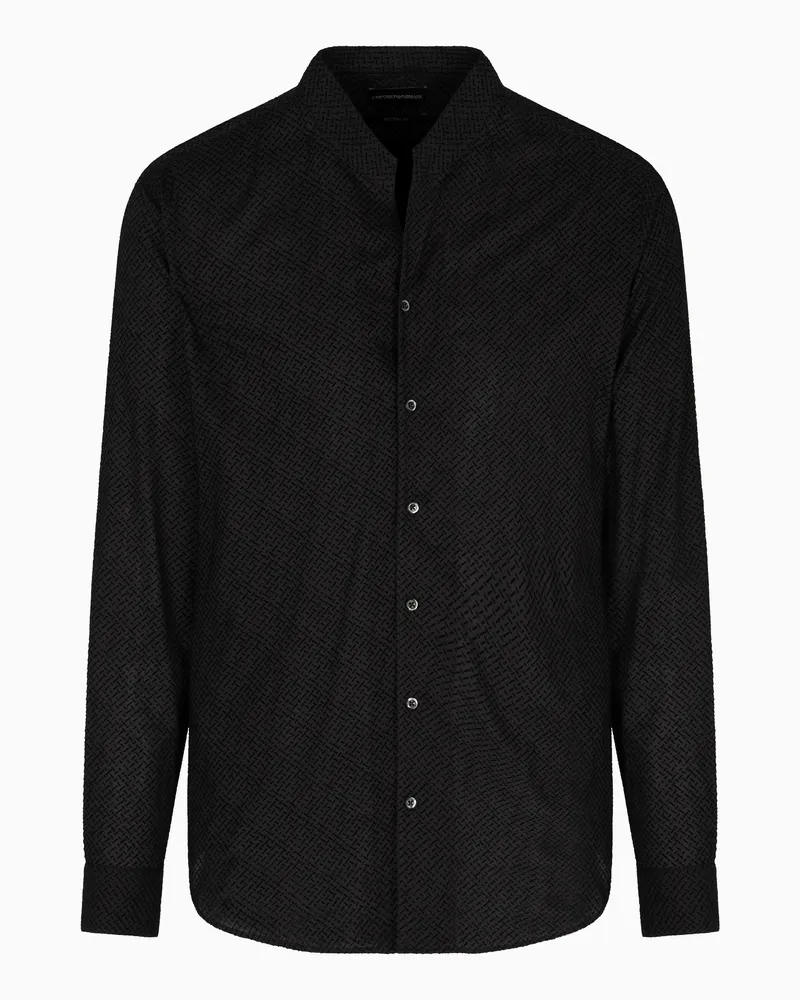 Emporio Armani Hemd mit Grandad-Kragen und Allover-Print in Flock-Technik Schwarz