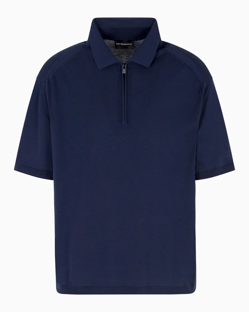 Emporio Armani ASV Pullover mit Polokragen, gefertigt aus einer Woll–Lyocell-Mischung in Glattstrick Blau