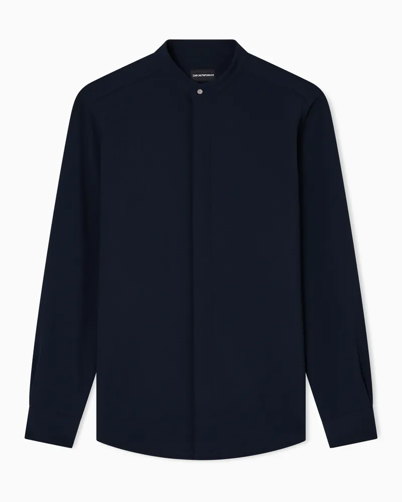 Emporio Armani Icon Hemd mit Grandad-Kragen, gefertigt aus Crêpe-Jersey mit 3D-Pikee-Effekt Blau