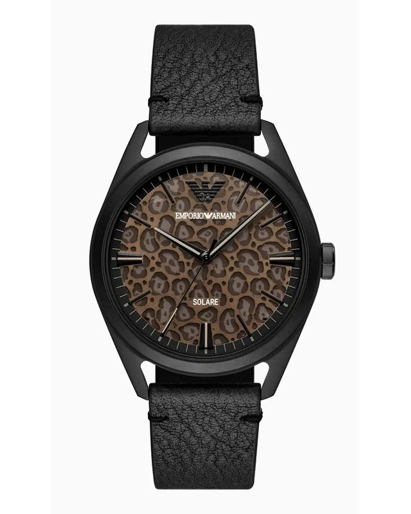 Emporio Armani Solaruhr mit Drei Zeigern und Schwarzem Lederarmband Schwarz