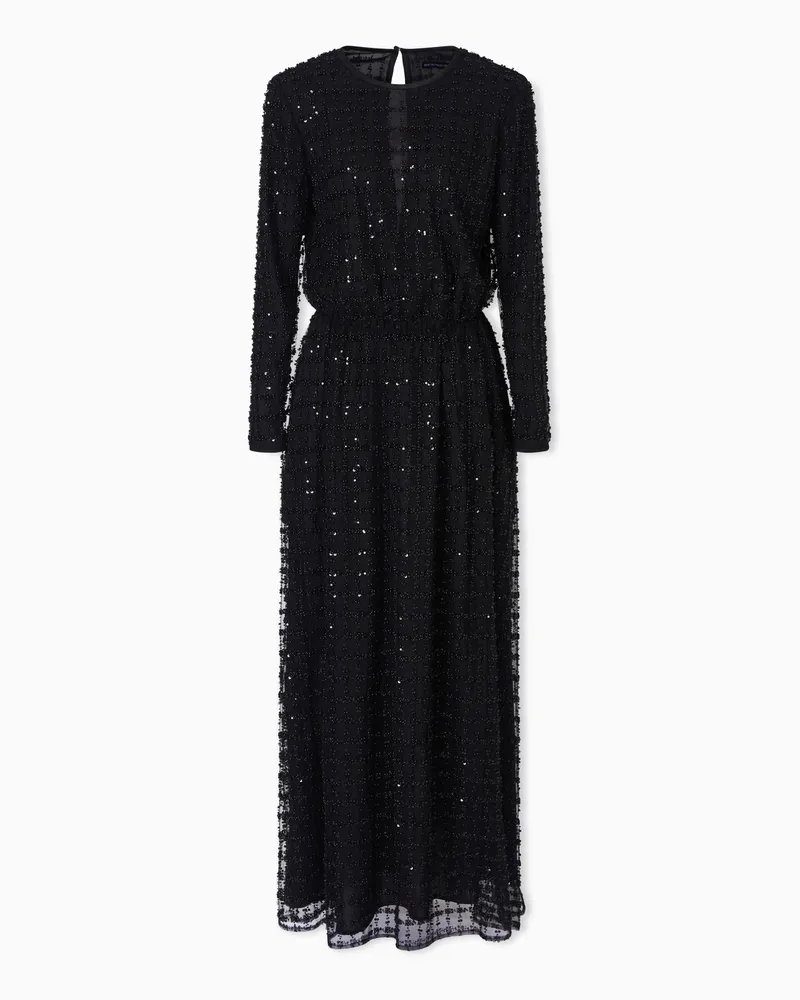 Emporio Armani Langes Kleid aus Tüll mit Pailletten- und Perlenstickerei Schwarz