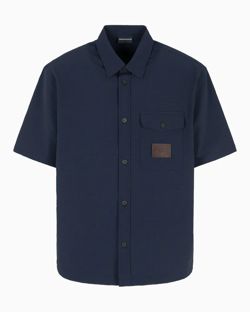 Emporio Armani Oversize-Bluse mit kurzen Ärmeln aus Nylon-Seersucker Marineblau