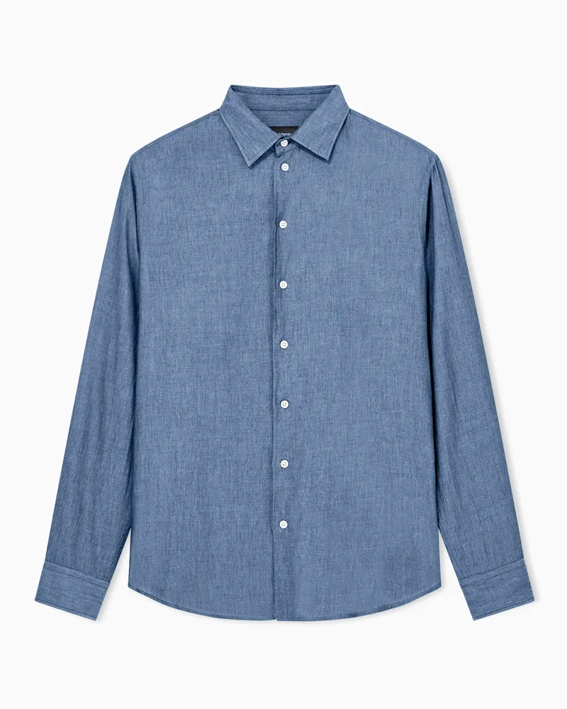 Emporio Armani Langarmhemd aus leichtem Baumwoll-Chambray in Denim-Optik Hellblau