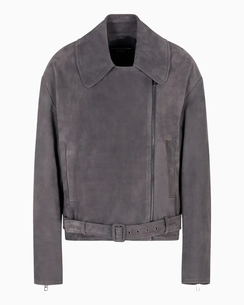 Emporio Armani Icon Biker-Jacke aus Nubuk-Kalbsleder mit Symbol Grau