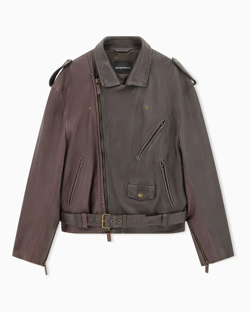 Emporio Armani Blouson aus gewaschenem Nappaleder mit Gürtel Braun