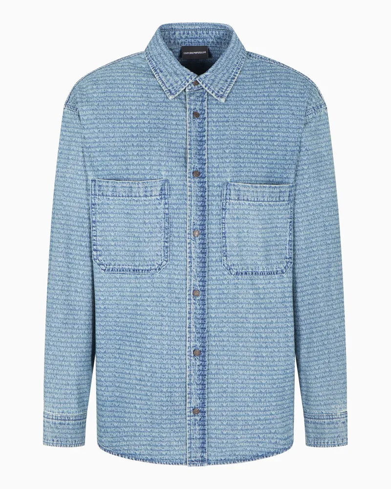 Emporio Armani Comfort Fit Hemd aus Denim mit Allover-Print mit Schriftzug und Logo Blau