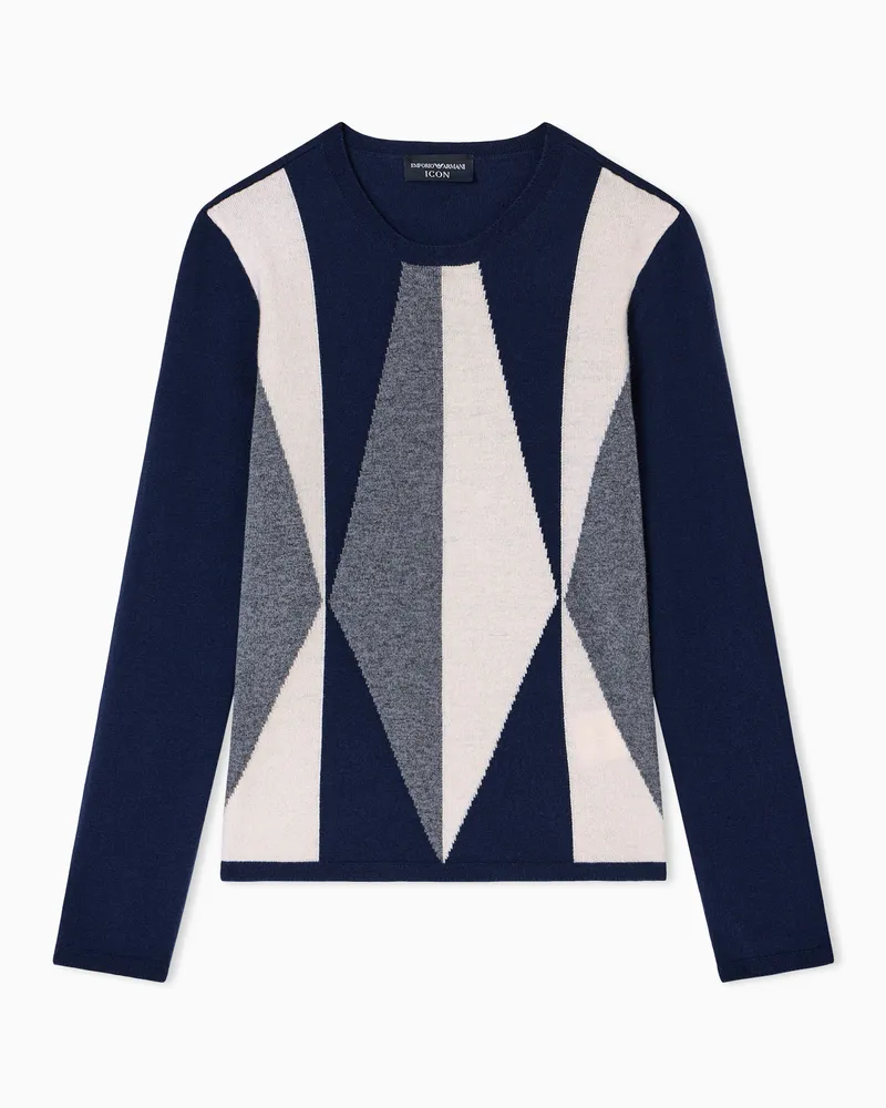 Emporio Armani Icon Pullover aus Schurwolle mit Intarsie in Rautenform Blau