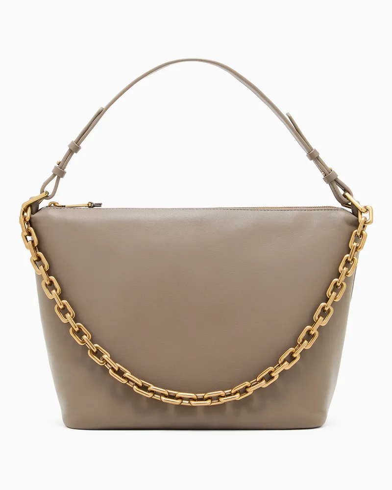 Emporio Armani Mittelgroße Hobo Bag aus Leder mit Kette Beige