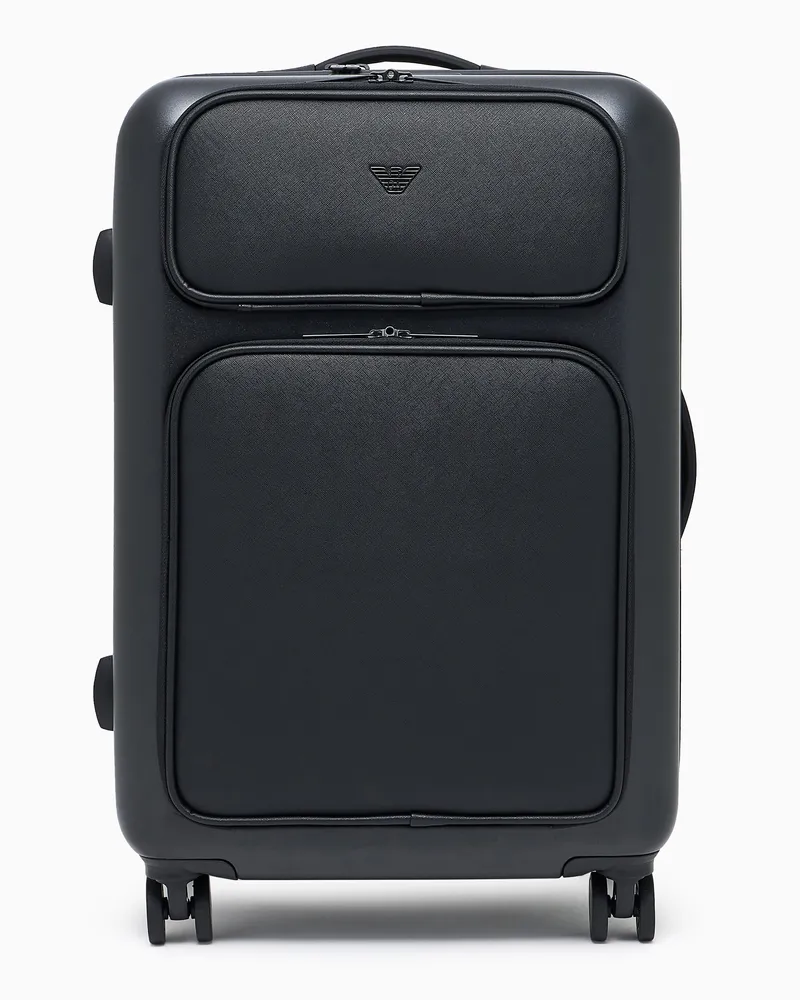 Emporio Armani Mittelgroßer ABS-Trolley mit regeneriertem Saffiano-Detail und ASV-Adler-Plakette Schwarz