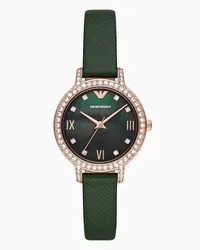 Emporio Armani Grüne Uhr mit Drei Zeigern und Lederarmband Gemustert