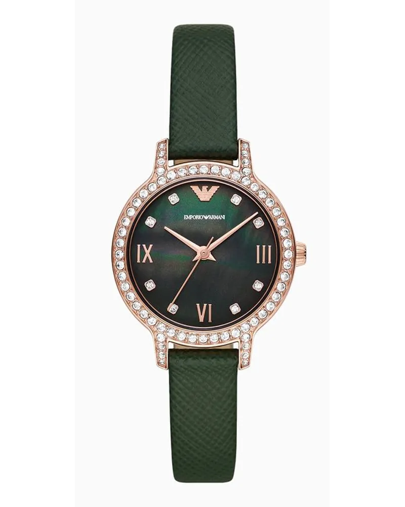 Emporio Armani Grüne Uhr mit Drei Zeigern und Lederarmband Gemustert