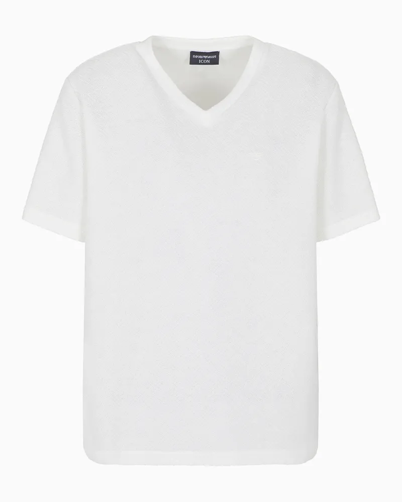 Emporio Armani Icon T-Shirt mit V-Ausschnitt aus garngefärbtem Jersey in Jacquard-Stoff-Verarbeitung Weiß