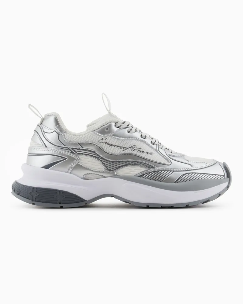 Emporio Armani Mesh-Sneaker mit laminierten Details und Logo-Schriftzug Silber